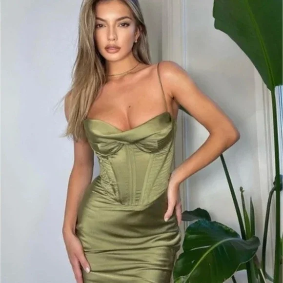 House of CB Myrna Olive Corset Satin Slip Dress Timeless Elegant - Picture 1 of 14